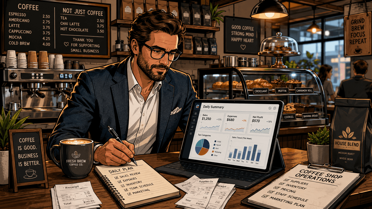 Editorial illustration of a monthly checklist on graph paper with three large checkboxes, a bank statement and a coffee cup at the edge of frame, in navy and peach on cream.