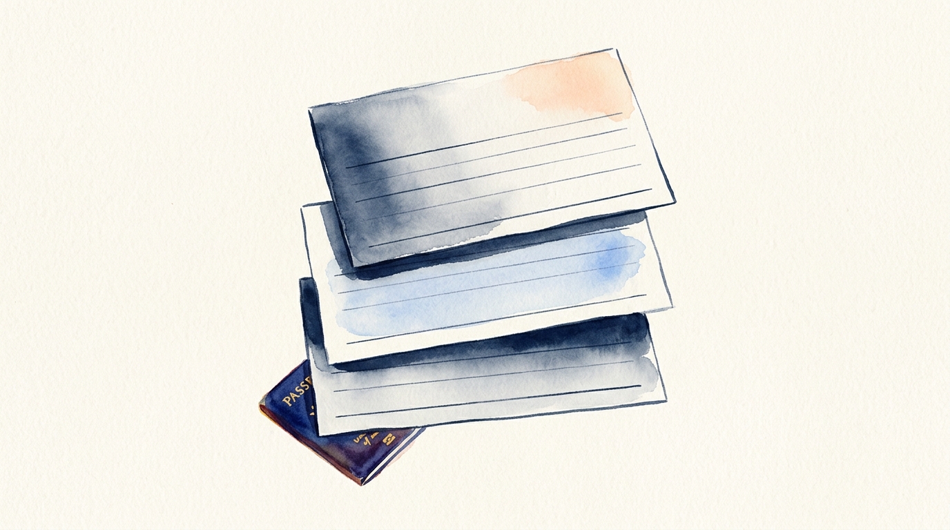 Editorial illustration of three reporting forms — FBAR, Form 8938, and Form 3520 — stacked on cream paper with a passport tucked beneath, drawn in soft navy and peach watercolor.