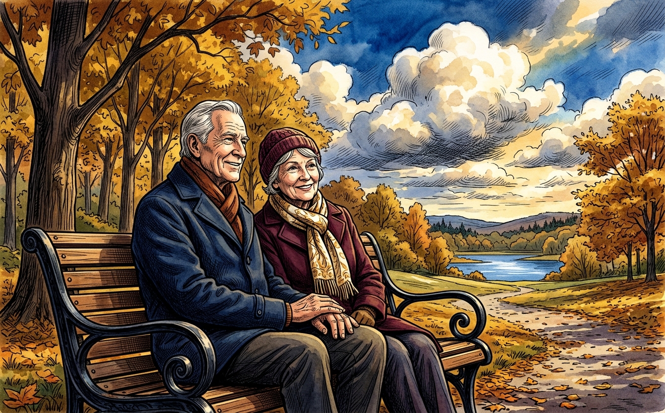 Watercolour and ink illustration of an older couple sitting together on a wooden park bench, smiling calmly, with an autumn park, a lake and low hills behind them.