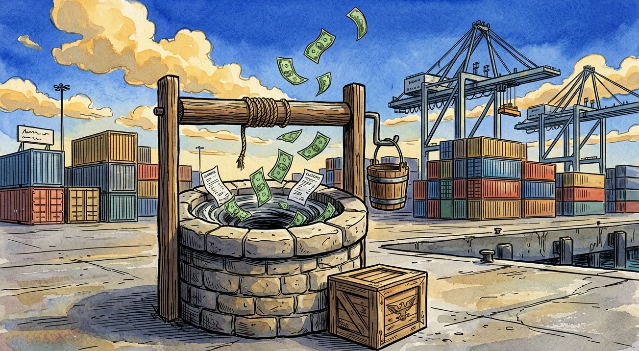 Ink-and-watercolor illustration of an old stone well on a cargo port dock whose opening has turned into a drain, with dollar bills and customs receipts spiraling down into it, and shipping containers and gantry cranes behind.