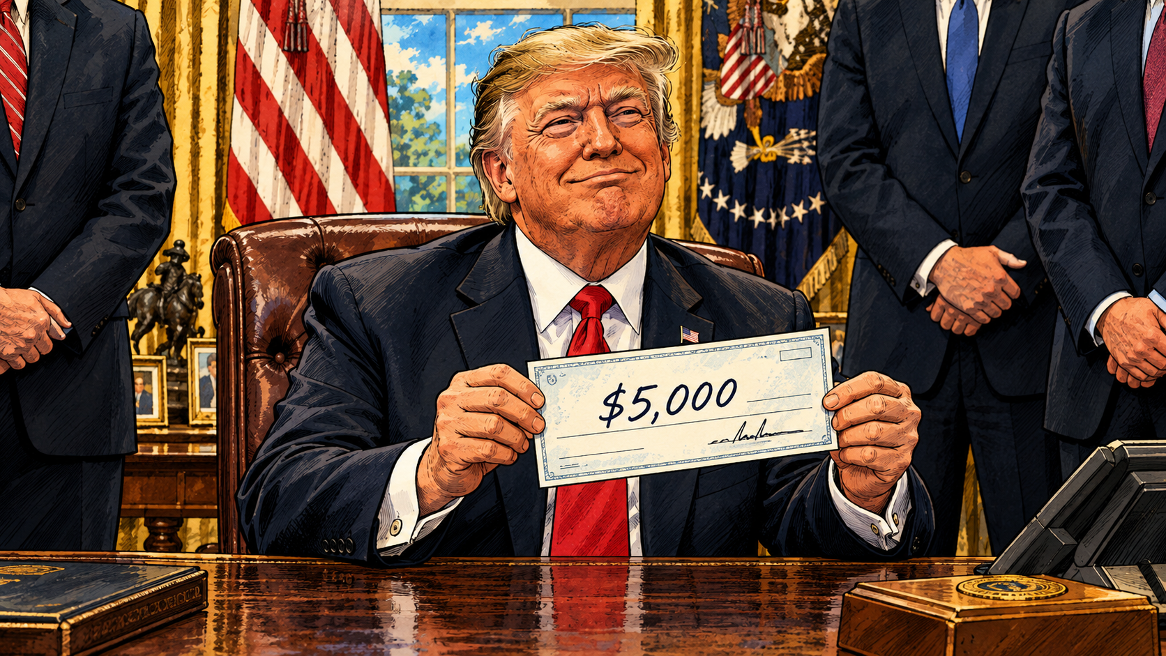 Ink-and-watercolor editorial illustration of Donald Trump seated in a leather chair behind the Oval Office desk, smiling with satisfaction and holding up a signed $5,000 check, flanked by aides in dark suits, with the US flag and the presidential flag behind him.