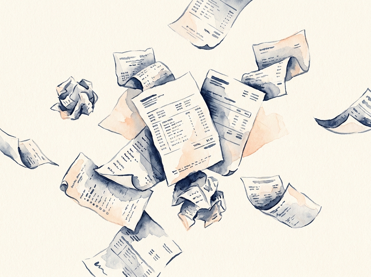 Watercolor illustration of receipts and invoices scattered in disarray