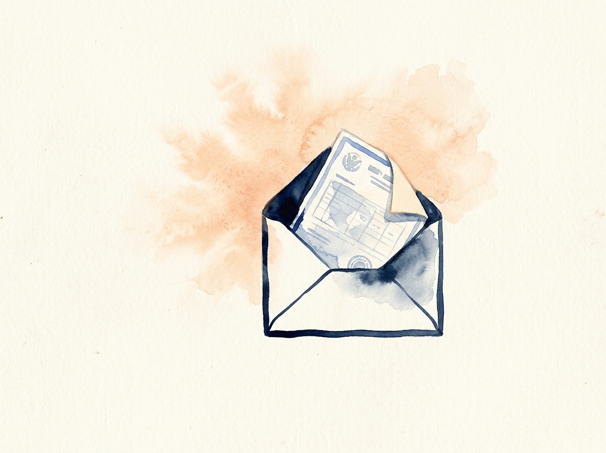 Watercolor illustration of an open envelope with an official tax document inside