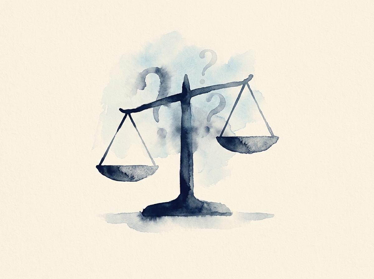 Watercolor illustration of unbalanced scales with question marks behind them