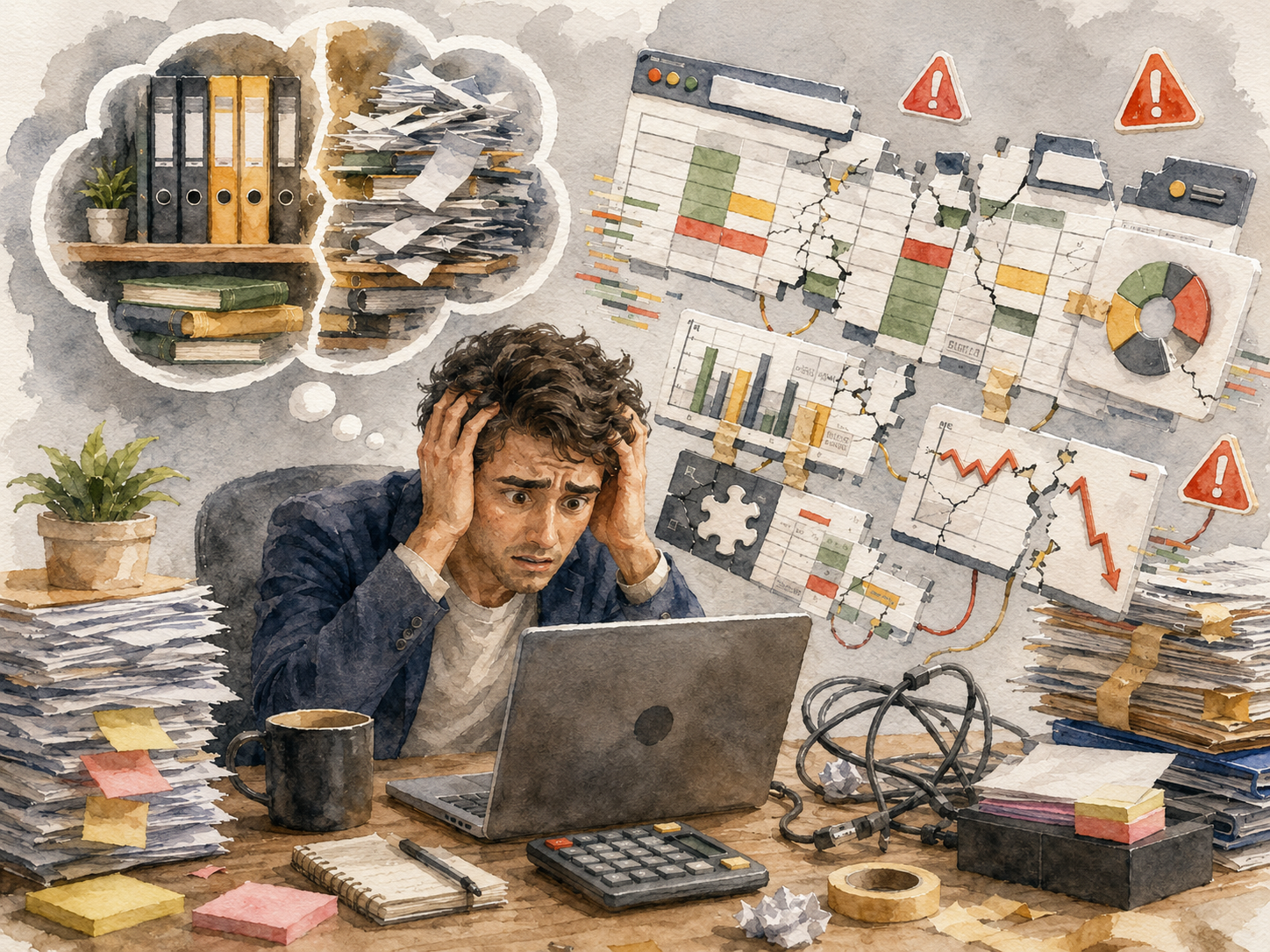 Watercolor illustration of cracked spreadsheets taped back together, surrounded by error warnings