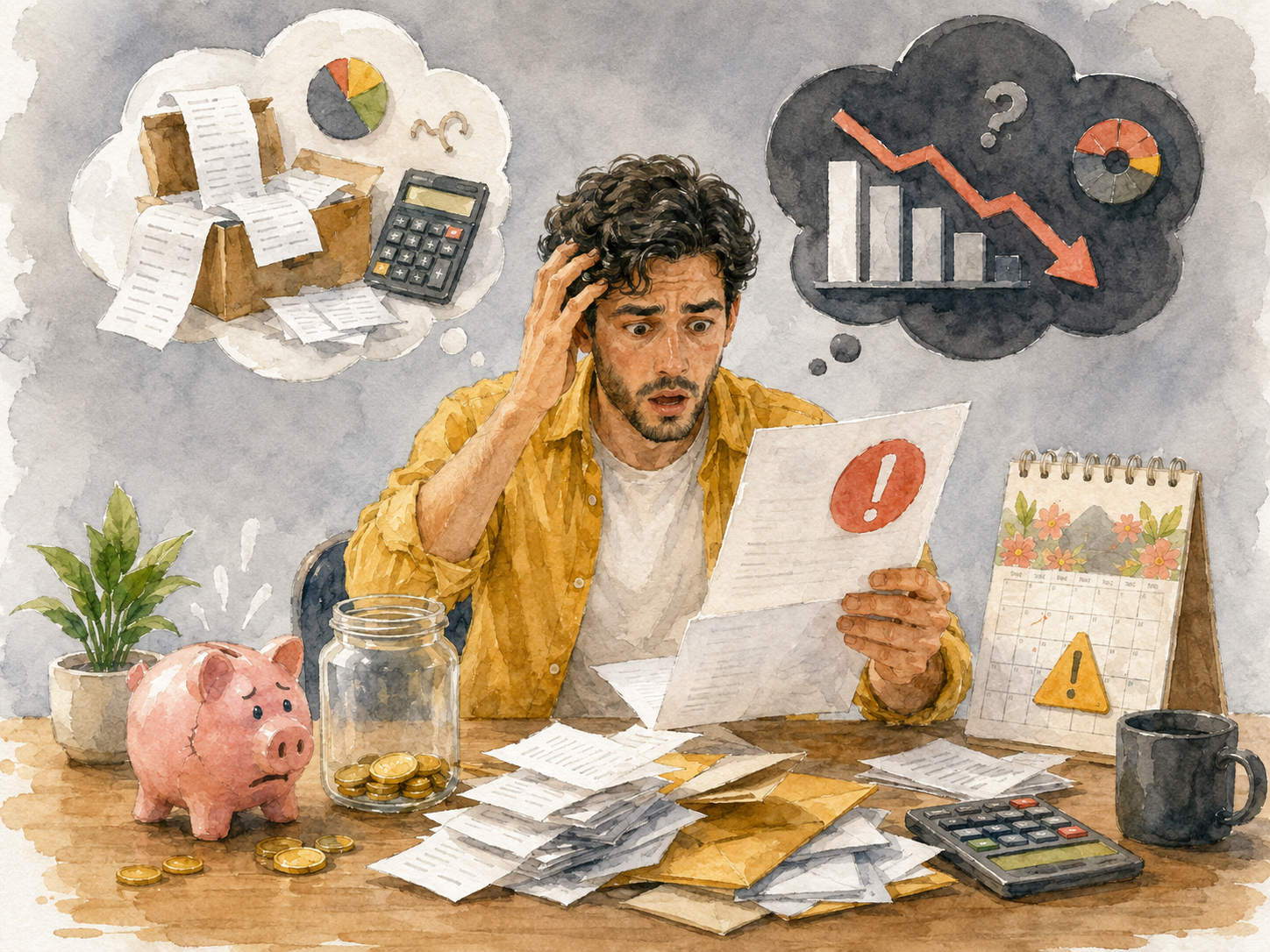 Watercolor illustration of a business owner reading an unexpected tax notice beside a cracked piggy bank