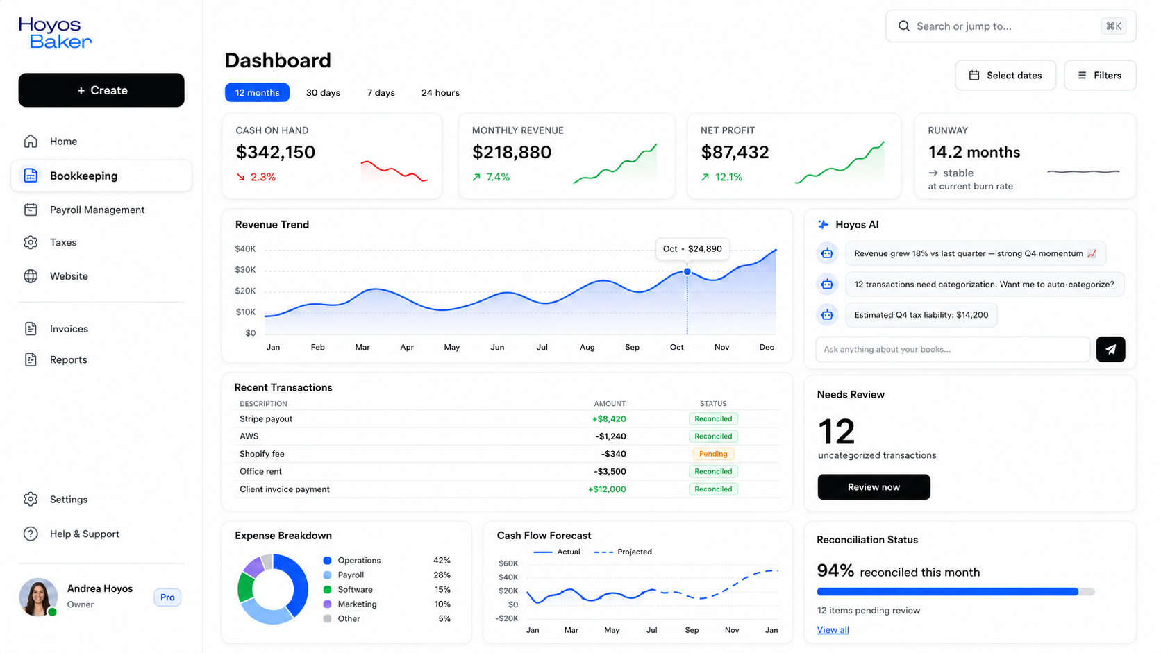 Hoyos Baker bookkeeping dashboard preview